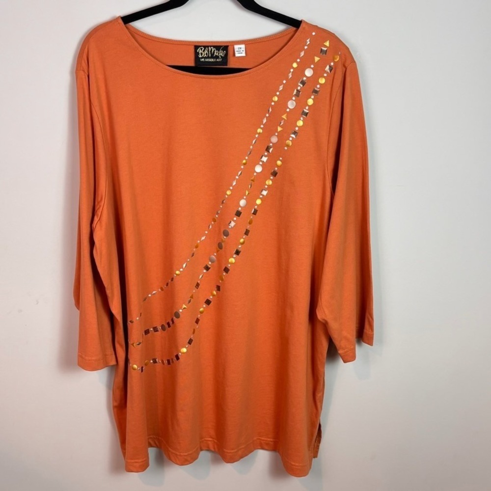 Bob Mackie Wearable Art Womens Orange Beaded Abstract 3/4 Sleeve Knit Tunic 2X